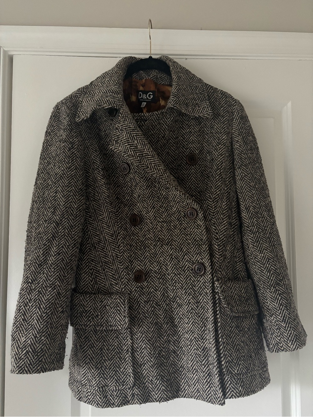 Dolce & Gabbana Black and White Herringbone Double-Breasted Pea Coat